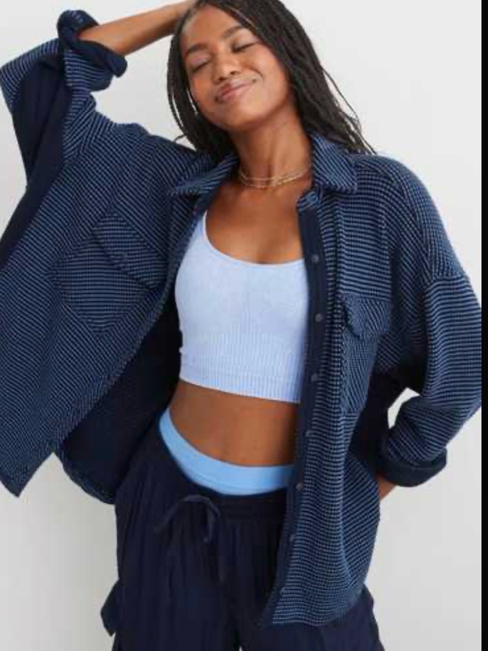 aerie Navy Micro-Stripe Oversized Button-Down Shirt